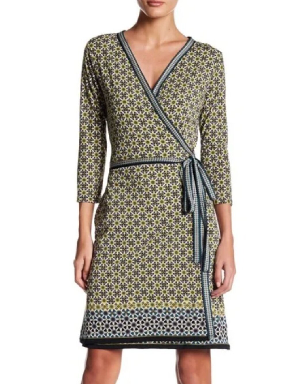 Max Studio Geometric Boho Wrap Dress Resort Vacation Office Casual retro groovy